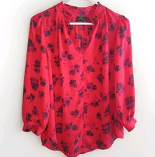 WORTHINGTON SZ M WOMENS BLACK RED BLOUSE HIGH NECK 3/4 SLEEVE OFFICE CAREER picture