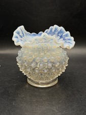 Vintage Fenton White Opalescent Hobnail Ruffled Rose Bowl Glows 4.5