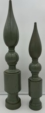 Antique Cast Iron Fence Finials Pair Green Paint Decor 18in x 4in 22in x 3in VTG picture