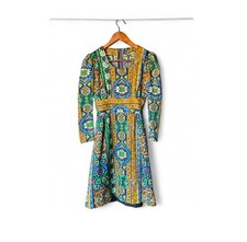 1970s Vintage Handmade In Israel Green, Blue, Gold Floral Motif Dress, S picture
