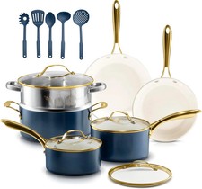 Gotham Steel Pots and Pans Set 15 Pc Nonstick Ceramic Cookware Blue Oven Safe picture