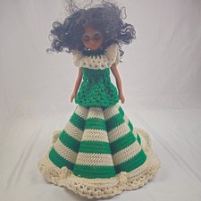 Handmade Doll Plastic Canvas Crochet Southern Belle Fashion Green Dress Vtg OOAK picture