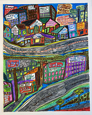 Mark Anthony Mulligan Original Signed Dated Framed Folk Art Cityscape 2019 picture