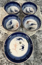 Vintage Japanese Rice Ramen 4 Bowls 4 Plates Pattern Shrimp Crab Porcelain Blue picture