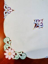 Vintage Hand Embroidered Medium Square  Linen Tablecloth Cutwork picture