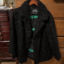 Hertzberg Fur Raleigh Black Persian Astrakhan Karakul Curly Lamb Coat 60s L-Xl picture