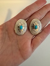 Vintage Unsigned Navajo Sterling Silver Turquoise Oval Concho Post Earrings picture