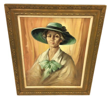 Violetta De Koszeghy Signed Original Oil Painting Portrait Lady Green Hat picture