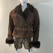 Vintage Express Brown Suede Bomber Jack With Fur Collar picture