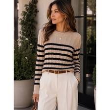 J.Crew 100% Cotton Cable Knit Striped Sweater Tan Black Size Medium picture