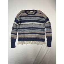 Abercrombie Kids Striped Crochet Lace Trim Knit Sweater Blue Tan Size 11/12 picture
