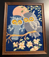 Framed Crewel Needlepoint Wall Art Owl Pair on Branch with Flowers & Moon picture