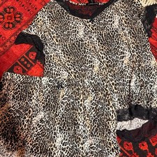 Rene Rofe Vintage Leopard Print Pajama Set XL Lace Trim Shirt and Shorts Brown picture