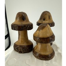 VTG Hand Turned Wood Mushroom Figurines Set of 3 Rustic Live Edge Folk Art Decor picture