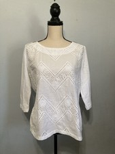 Spartelle Women’s White Top 3/4 Sleeve Eyelet Cotton NWT Size PXL picture
