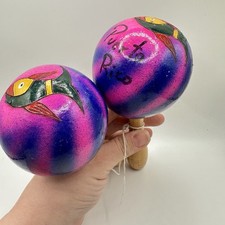 VTG Hand Painted Pink Purple Wooden Maracas Musical Instruments Souvenir Fish picture
