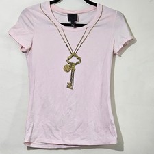 Vintage Anna Sui Y2K Pink Babydoll Tee Short Sleeve Crystals Necklace, sz M picture