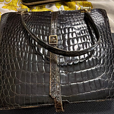 Vintage 1950s Genuine Alligator Top Handle Handbag Brown CERO Zipper AS IS picture