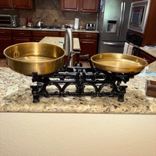 Antique Cast Iron Balance Scale Working Brass Pans Weights European Victorian picture