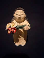 Vintage Mexican Folk Art Clay Pottery Seated Gordita Woman Calla Lilies 6.5