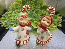 Set of 2 - Lefton Christmas Candy Cane Kids #625 Blue + Green Mittens Figurines picture
