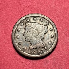 (1) Beautiful Antique 1847 Braided Hair Large Cent/Penny CHOICE G-GOOD picture