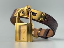 [Excellent] HERMES Kelly Gold Swiss Qz Women's Padlock Watch Dark Brown Belt picture