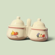 Vintage~1970s~Smucker’s~ Jam or Jelly Server Set~Ceramic~Lids~ White with Fruit picture