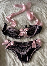 Authentic Trashy Lingerie Black & Pink Lace Bra & Panties Set Satin Bows Size M picture