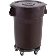 Industrial Plastic Trash Can with Lid & Dolly - 44 Gallon Brown  Industrial picture