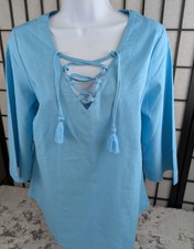 Rockmans Women's Blue Size 10 Cotton Linen Blend Lace-Up Top Chest 38