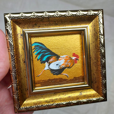 Funny Rooster Running, Miniature Original Oil Painting Framed Signed Art picture
