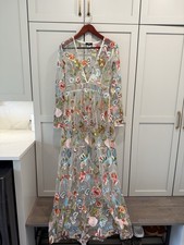 24K Label by K Too Floral Embroidered Dress Sz L Maxi Long Sleeve Sheer V Neck picture