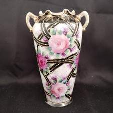 Antique Nippon Style Twin Handled Pink Rose Ribbon Vase Raised Moriage c.1910 7