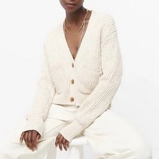 J. Crew V Neck Crop Patch Pocket Beach Cardigan Cotton Blend Warm Ivory Small  A picture