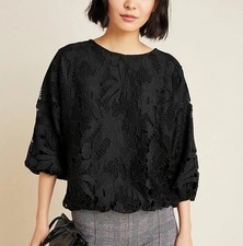 Eri + Ali Anthropologie Black Floral Guipure Open Lace Bubble Blouse NWT Size L picture