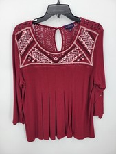 Artesia Top Womens XL Maroon Embroidered Boho Peasant Popover Blouse Shirt picture