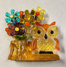 Vtg 1970s Lucite Owl Figurine Flower Bouquet Sculpture Resin MCM Groovy Kitschy picture