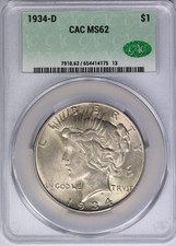 1934-D CACG Silver Peace Dollar MS62 CAC US Coin picture