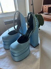 Versace Medusa Aevitas Platform Pumps Size US 6/EU 36 Ice Blue Satin picture
