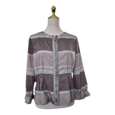 Armani Collezioni Stripe Nylon Jacket Size 8 Gray Taupe Zip Front Designer Coat picture