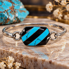 Vintage Mexico 925 Sterling Silver Turquoise Onyx Inlay Bangle Bracelet 23.56g picture