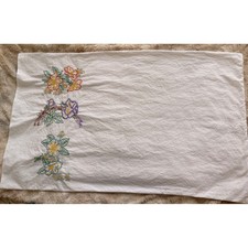 Vintage Hand Embroidered Floral White Cotton Pillowcase Cottagecore Farmhouse picture