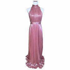 THEIA Metallic Plissé Pink Halter Maxi Evening Gown Sleeveless Back Zip NWT SZ 6 picture