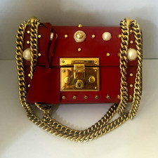 Gucci Pearly Padlock Small Hibiscus Red Leather Studded Pearl Chain Shoulder Bag picture