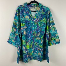 Catherines Button Up Shirt Size 2X Lightweight Cotton 3/4 Sleeves Blue Green picture