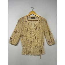 Boho Cottagecore a.n.a Women Small Beige Polka Dot Pintuck Peplum Blouse Office picture
