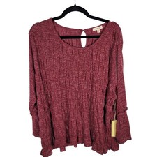NWT Paper + Tee Top Womens Size 2x Red Ruched Blouse Keyhole Back Bell Sleeves picture