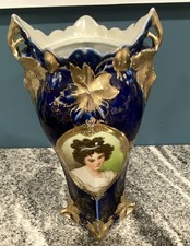 Antique Royal Vienna Porcelain Portrait Woman Vase Blue &Gold Germany Decorative picture