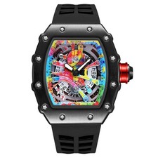 Graffiti Dial Tonneau Quartz Watch – Black, Red & Yellow picture